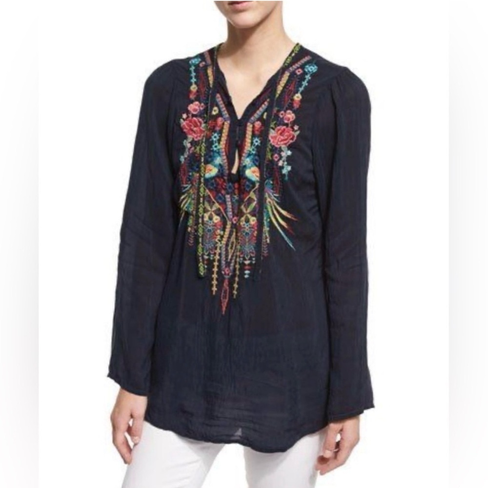 Johnny Was Embroidered Serendipity Tunic Top Cupra Rayon Royal Navy Blue XS Boho - Picture 4 of 16